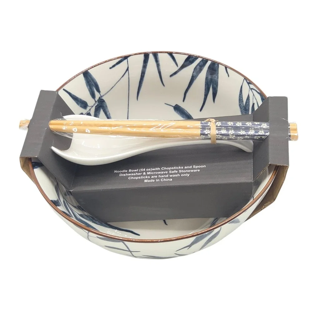 SH Home Blue Bamboo Ceramic Ramen Noodle Bowl 54oz With Chopsticks And Spoon 4pc